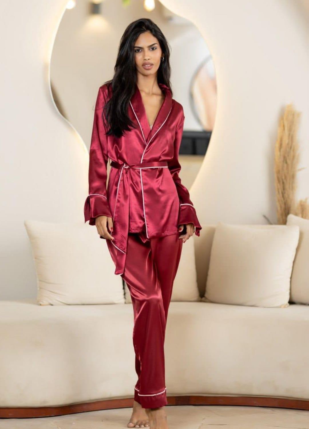 Satin pajamas with belt at the waist 00869
