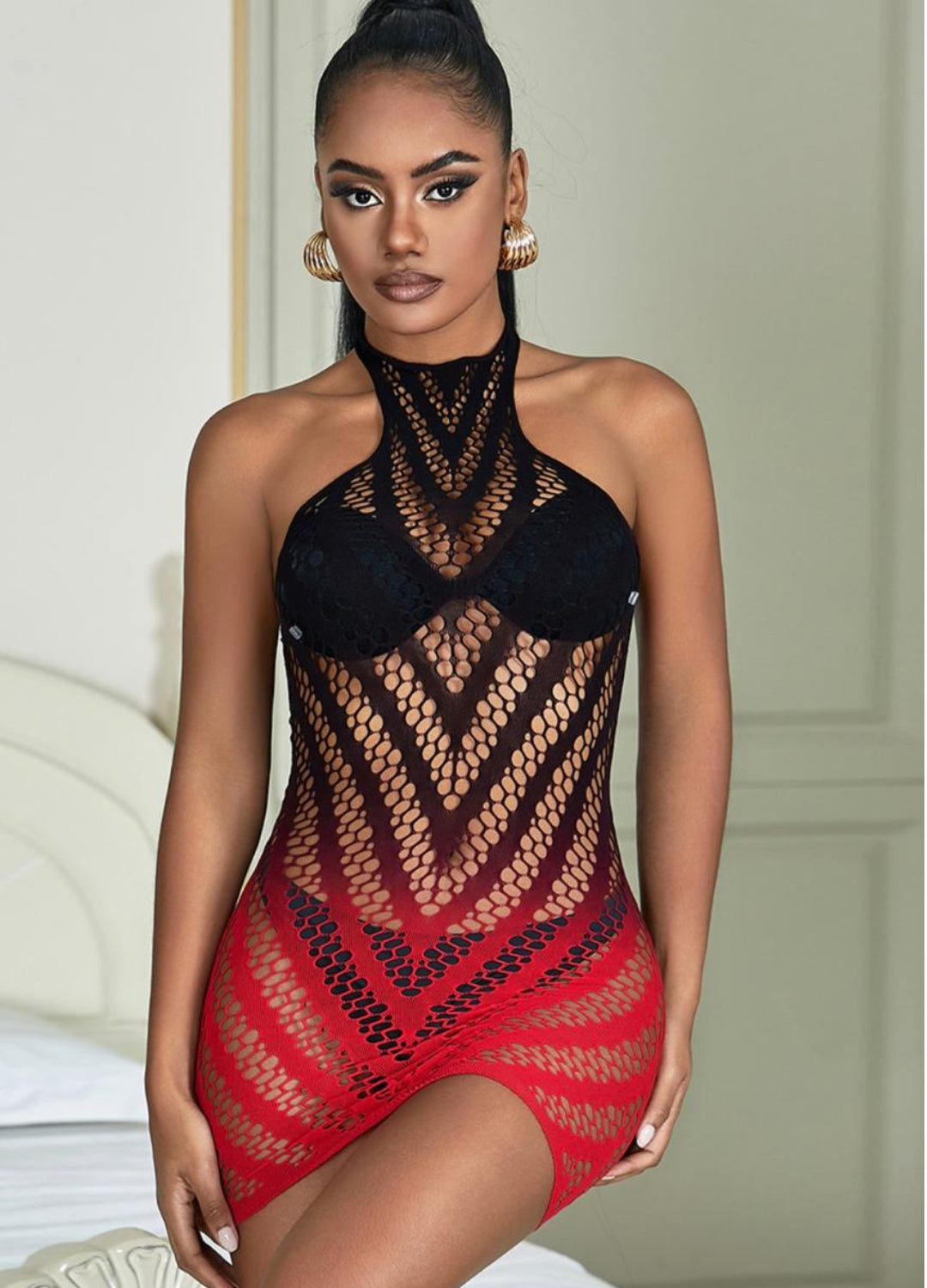Black and red mesh lingerie 03158