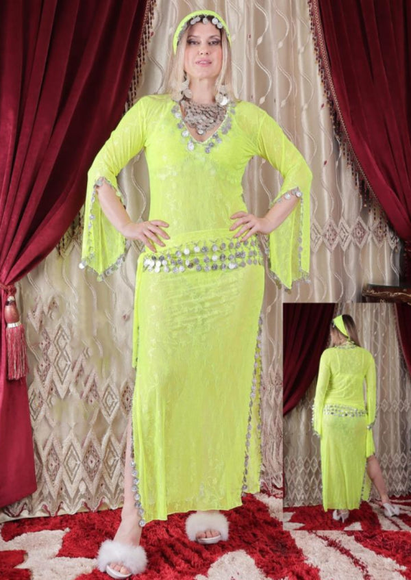 A soft tulle dance suit with a waist belt, pantie, and a bra in the same color, with a scarf over the hair (Code 03416)