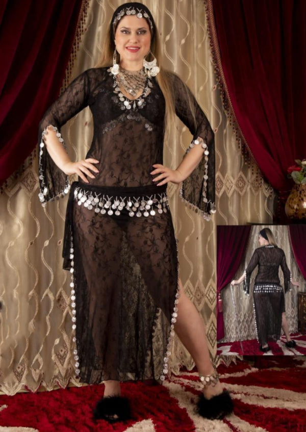 A soft tulle dance suit with a waist belt, pantie, and a bra in the same color, with a scarf over the hair (Code 03416)