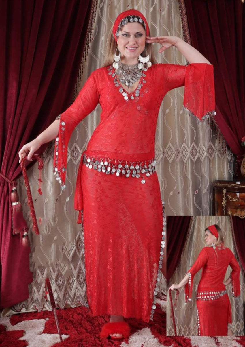 A soft tulle dance suit with a waist belt, pantie, and a bra in the same color, with a scarf over the hair (Code 03416)